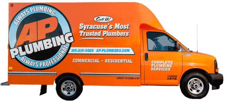 AP Plumbing orange service vehicle with logo website on the side in Syracuse