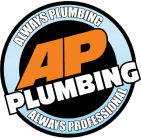 AP Plumbing circular orange white black and blue logo with always plumbing always professional 