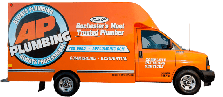 AP Plumbing orange service vehicle with logo website on the side in Rochester