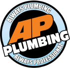 AP Plumbing circular orange white black and blue logo with always plumbing always professional 
